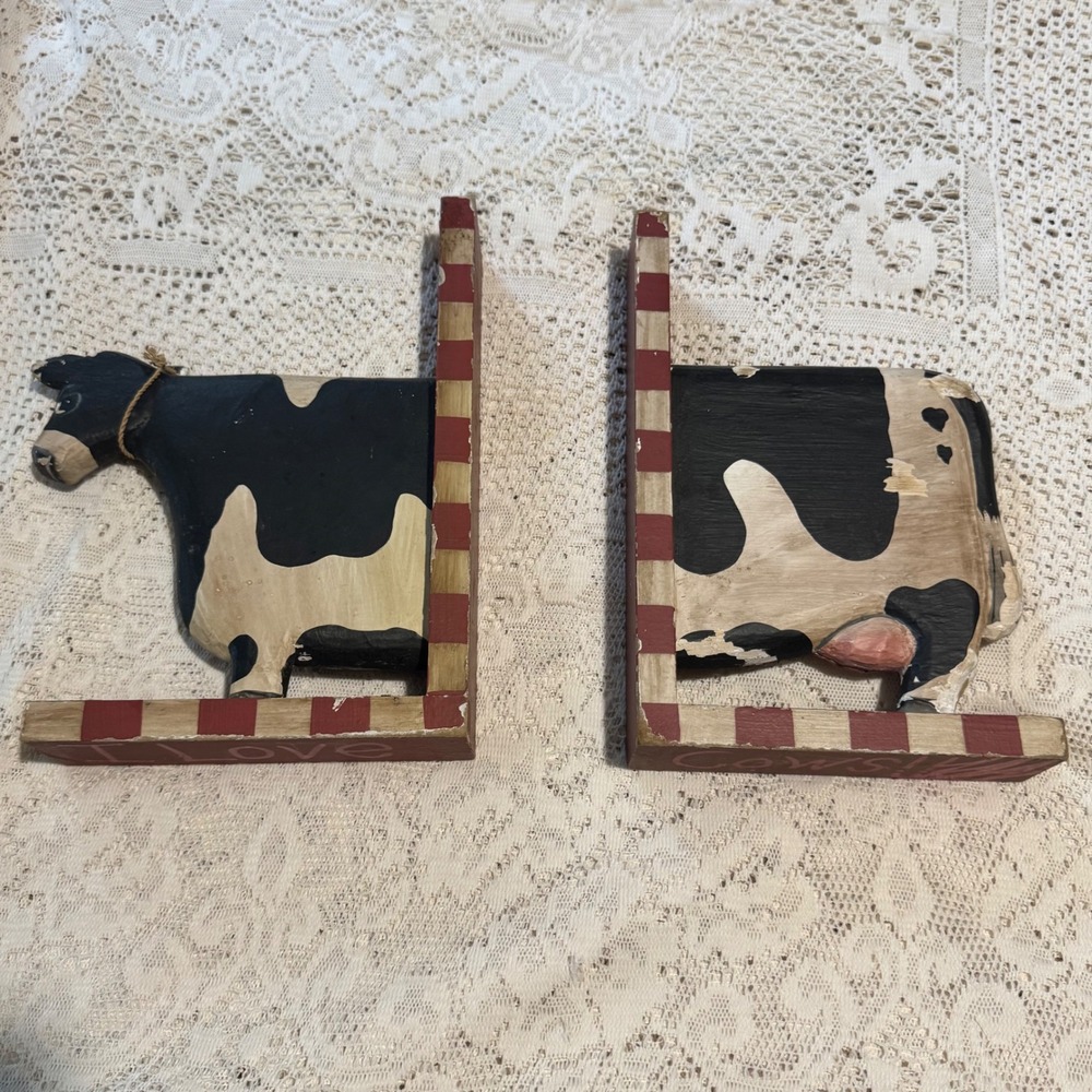 Vintage Hand Painted Wood Cow Bookends I Love Cows Farmhouse Decor Rustic